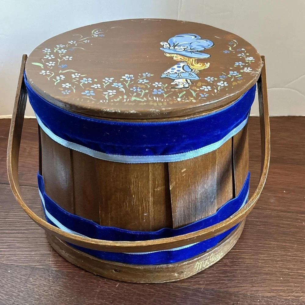 Wooden Basket Purse Basketville Putney VT Hand Painted‎ Lid Lined. Vintage 1970s